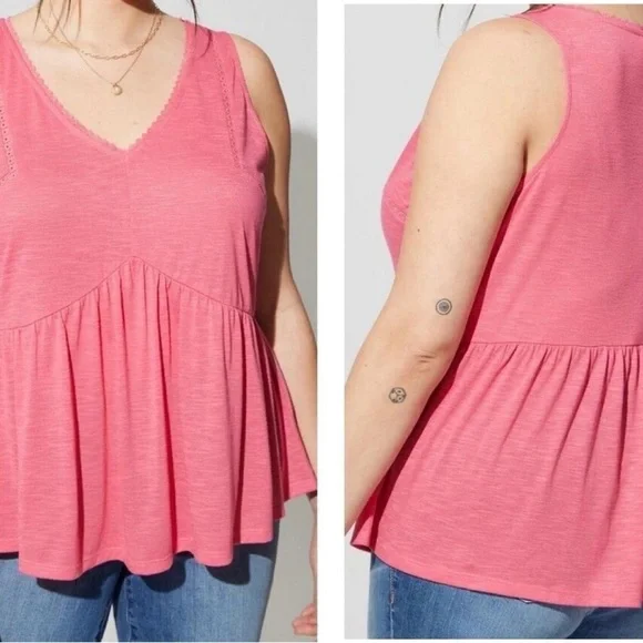 ✨Torrid Pink Sleeveless V-Neck Peplum Top Plus‎ Size Blouse Tank Crochet Trim 1 - Picture 3 of 4